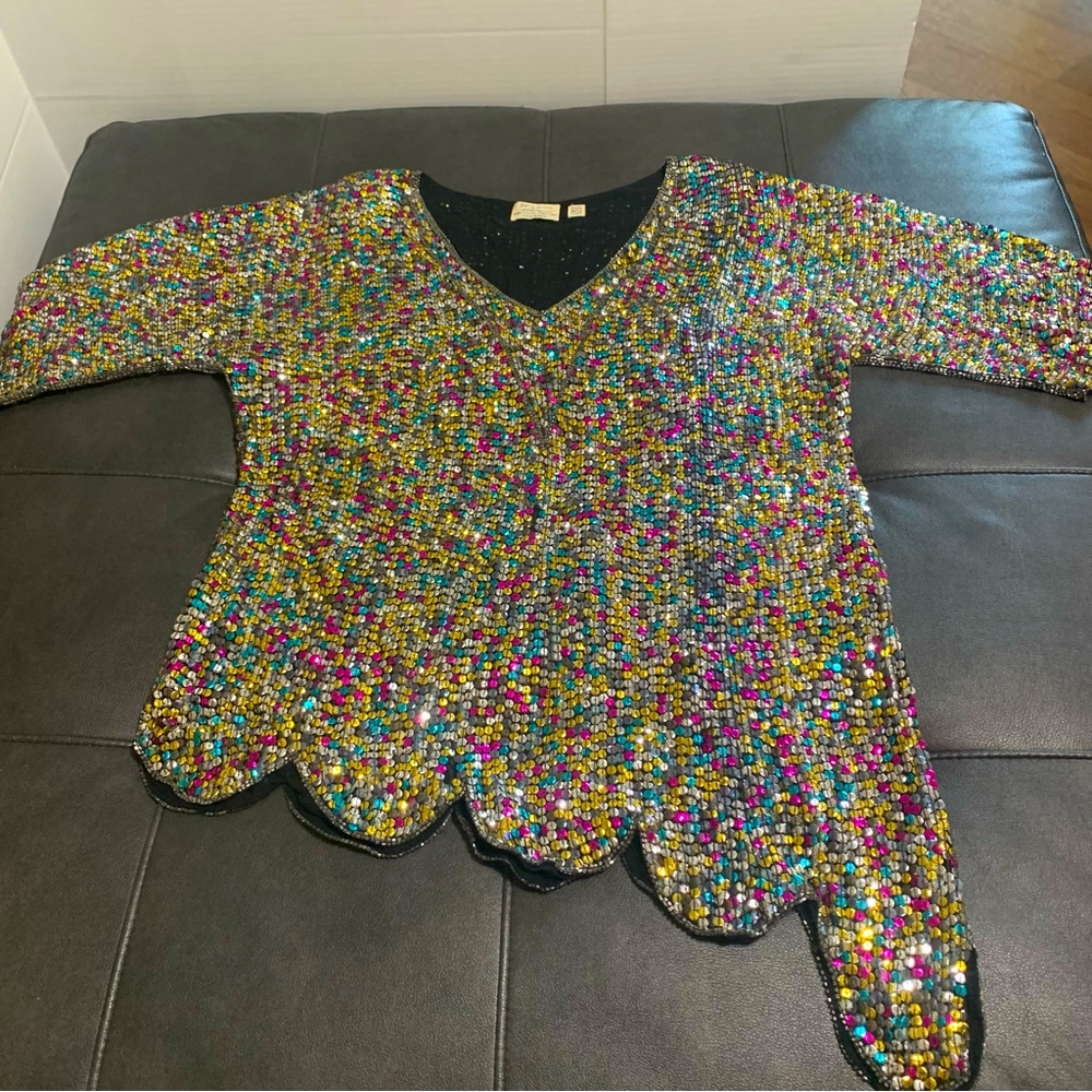 Vintage Jeffrey Lawrence Bentley 100% Silk Sequin Colorful Blouse Top Size M/L